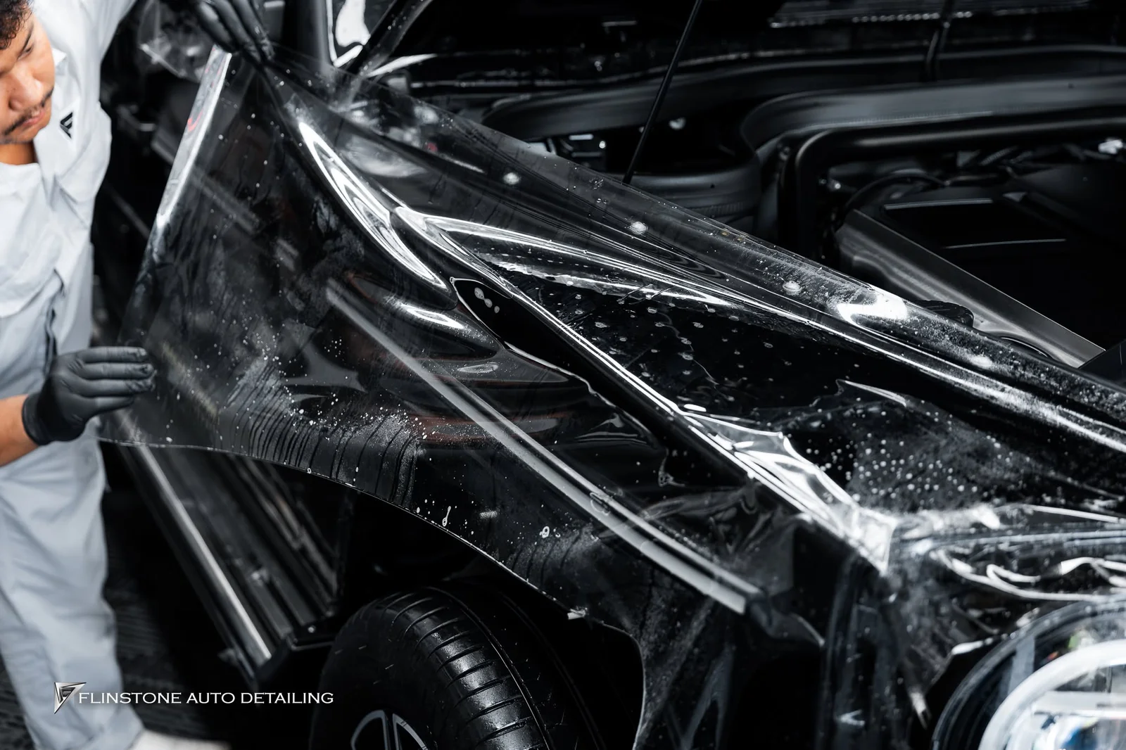 W465 G-Class 2025+ — clear paint protection film installation (PPF) on the body kit G63 AMG with sharp edges