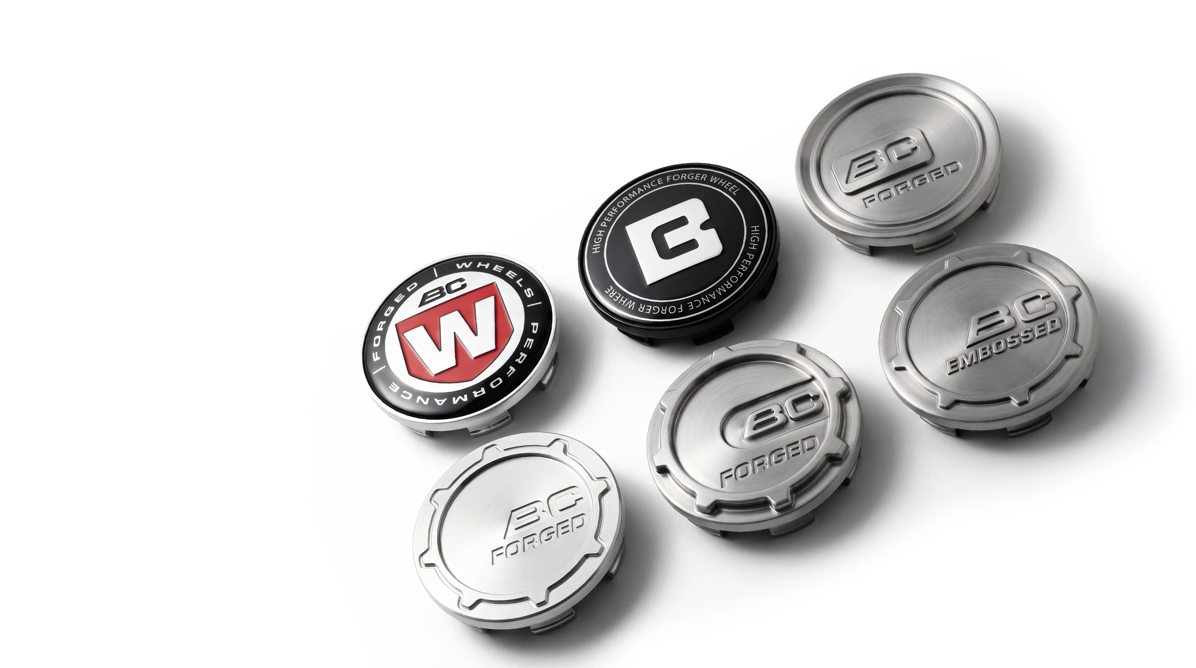 Center Cap ของล้อ BC FORGED หลายรูปแบบบนพื้นขาว