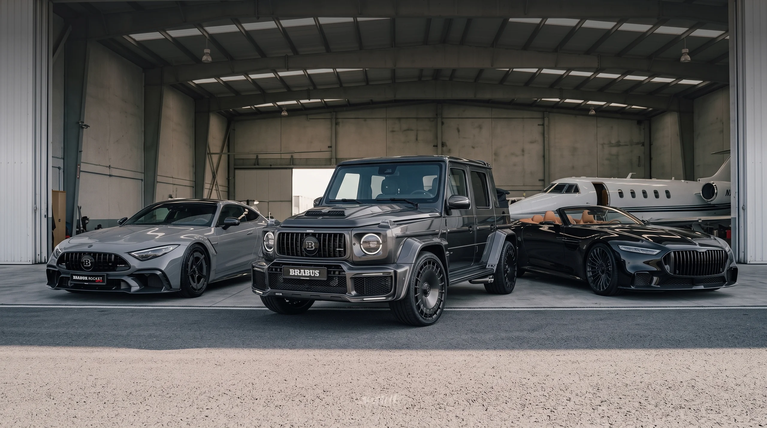 รถตกแต่งชุดแต่ง BRABUS สามคันในโรงเก็บเครื่องบิน