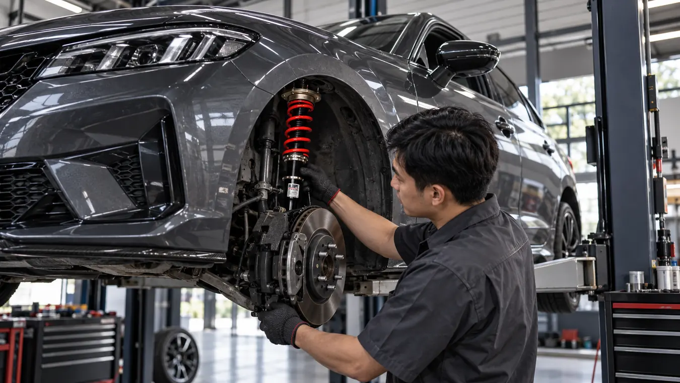 ช่าง Flinstone Autoparts กำลังติดตั้งโช้คอัพปรับเกลียว H.DRIVE ที่ช่วงล่างหน้า