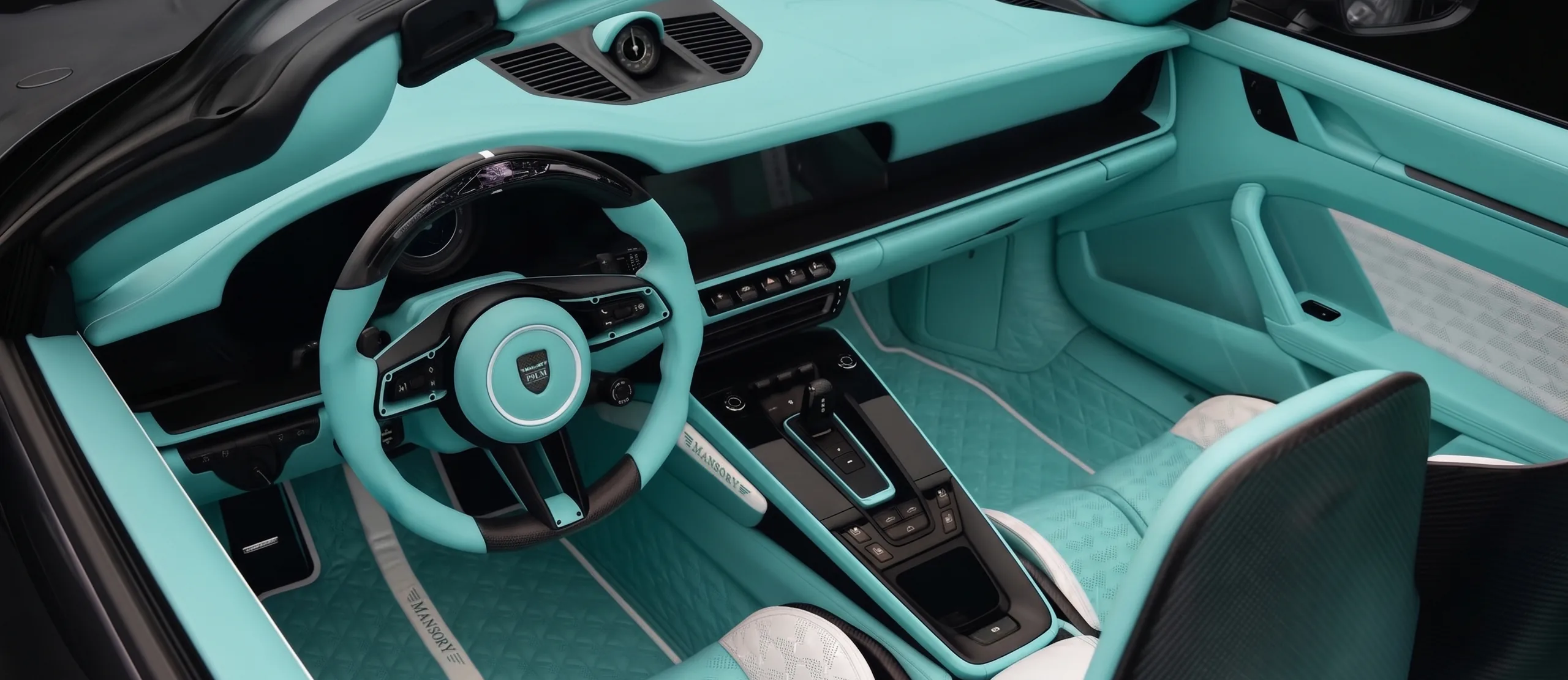 ห้องโดยสารตกแต่งภายใน MANSORY Bespoke โทนสีมิ้นต์ พวงมาลัยโลโก้ MANSORY