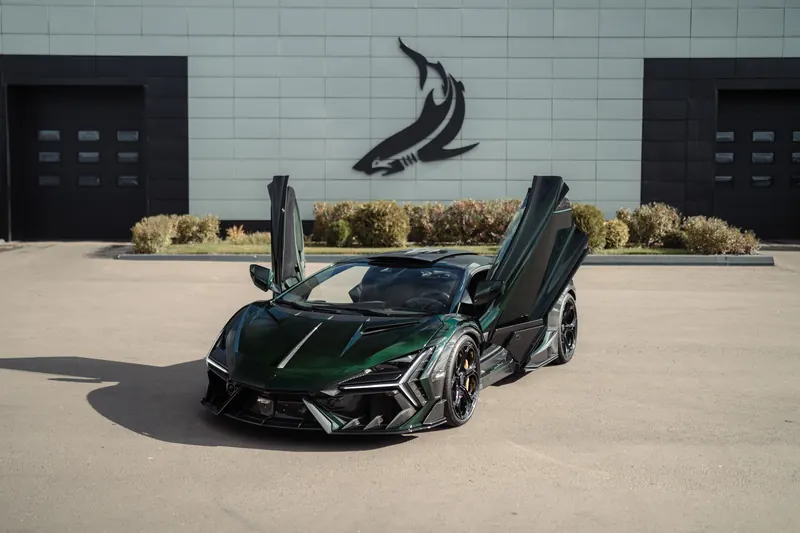 Lamborghini Revuelto with TOPCAR DESIGN R’Evo body kit — Front view outside the TOPCAR showroom