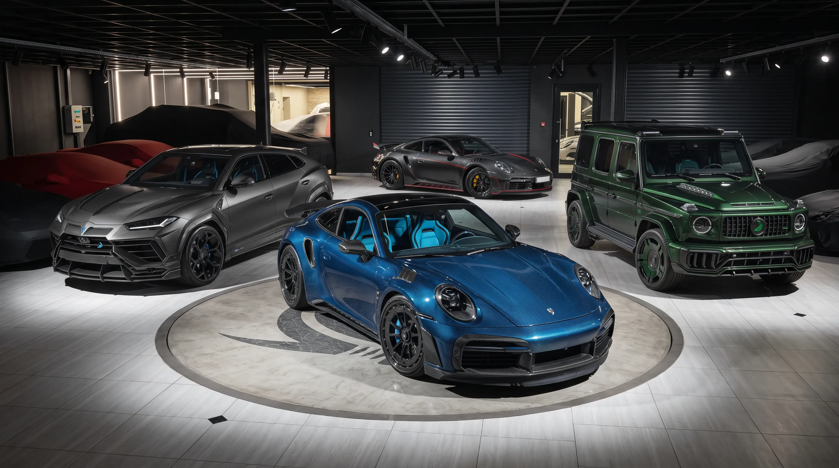 Showroom cars styled with TOPCAR DESIGN body kits — Porsche 911, Lamborghini Urus and Mercedes-Benz G-Class