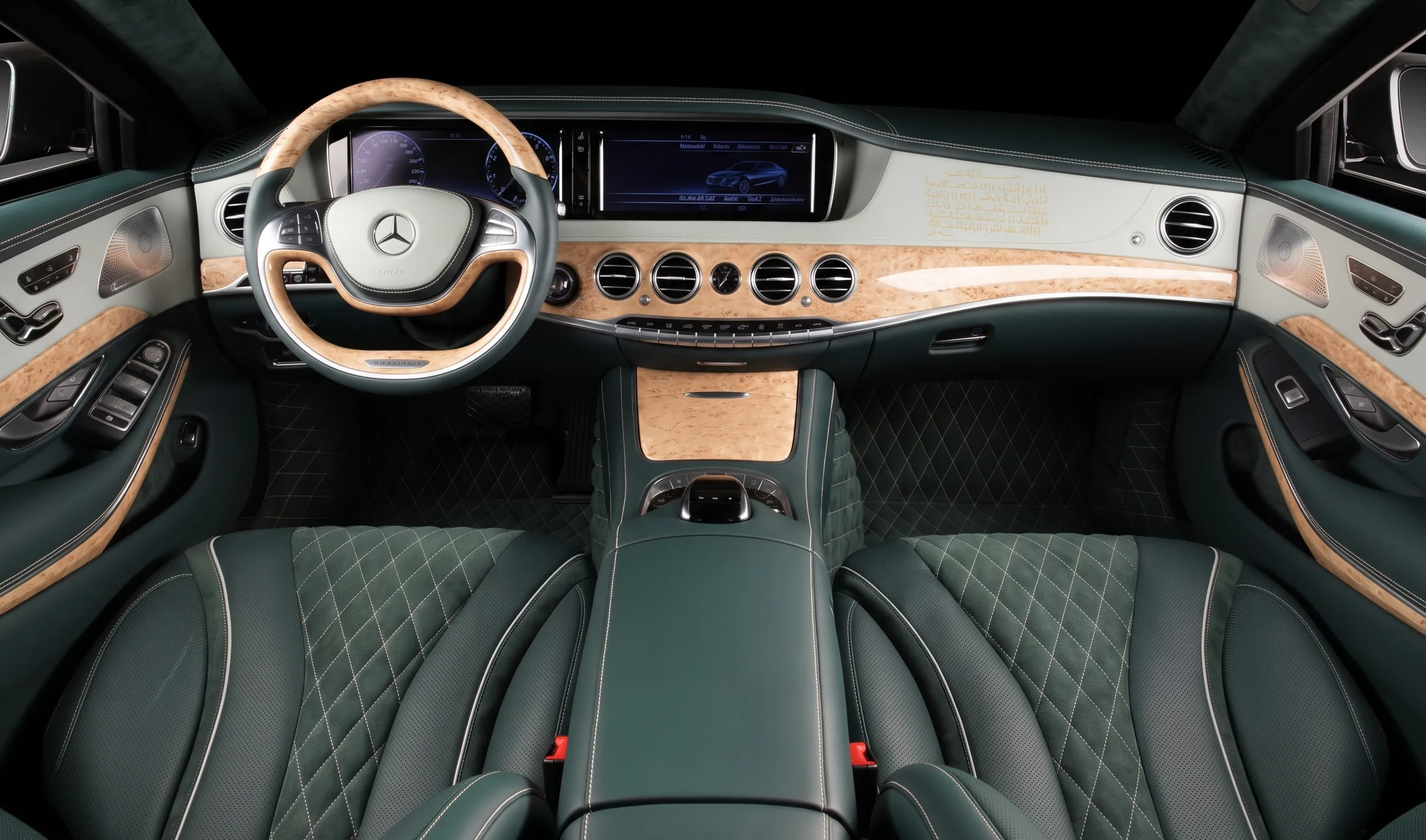 Mercedes-Benz cabin with TOPCAR DESIGN interior — diamond-stitched leather seats, wood trim and green tones